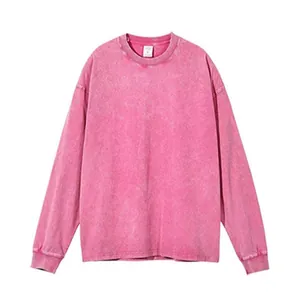 Herren Vintage-T-Shirt mit Mineralwaschung, rosa, Langarm aus Baumwolle, Oversize