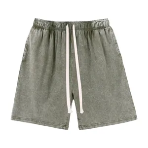 Men's vintage washed cotton casual shorts with long drawstring waist and distressed finish.