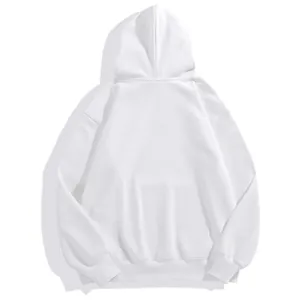 Detail view of a heavyweight white fleece hoodie with dropped shoulders and a pocket.
