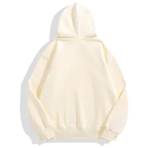 Detailed back view of heavy cream lamb velvet drop shoulder hoodie with ribbed cuffs and hem.