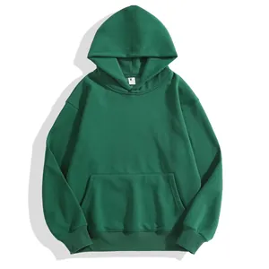 Detailed view of a dark green drop-shoulder hoodie featuring a front kangaroo pocket
