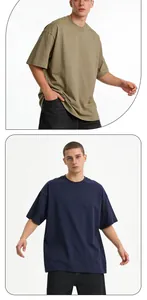 Professional detail view of men's oversized heavy cotton T-shirt in olive and navy blue