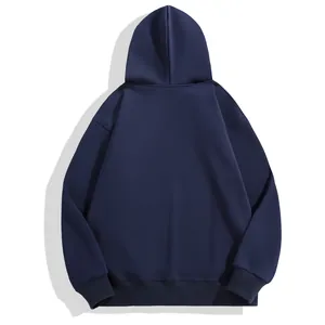 Back view of navy blue oversized drop shoulder hoodie with ribbed cuffs and hem