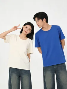 Professional models wearing 220G heavy pure cotton round neck t-shirts in blue and beige