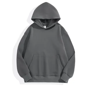 Detailed view of dark gray heavyweight drop-shoulder loose fit hoodie with pocket