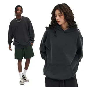Oversized vintage washed distressed hooded sweatshirt in charcoal grey for men and women