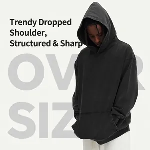 Men's 400g vintage washed oversized hoodie with distressed finish and kangaroo pocket
