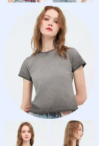 Macro views and half-body shot of a vintage grey washed heavy cotton crop top T-shirt.