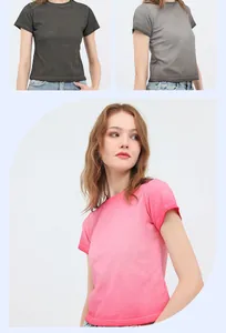 Detail view of women's washed gradient cotton crop T-shirt in grey and pink shades