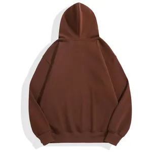 Back view of oversized heavy brown fleece hoodie featuring drop shoulders and rib knit cuffs