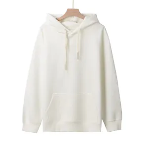 Detailed view of heavy weight 320g white hooded sweatshirt for men with kangaroo pocket