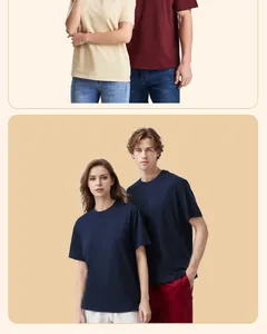 Detailed view of heavy 240g cotton crew neck T-shirts on male and female models.