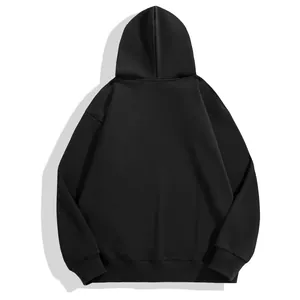 Detailed back view of a minimalist black heavy thickened oversized pullover hoodie
