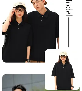 Detailed view of a heavyweight black cotton polo shirt on male and female models