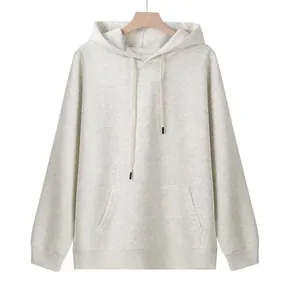 Detail view of a 320g light gray oversized hooded sweatshirt with kangaroo pocket.