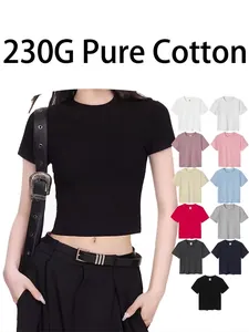 T-Shirt Court Coupe Ajustée Rétro Américain pour Femme en Coton Col Rond Manches Courtes Haut Décontracté