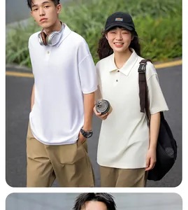 Lifestyle view of couple in heavyweight pure cotton polo shirts for outdoor street fashion