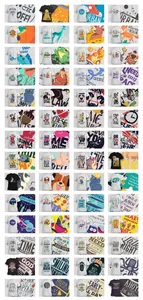 Catalogue détaillé présentant divers modèles de t-shirts graphiques avec imprimés