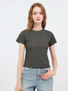 Vintage charcoal wash 240g cotton crop T-shirt for women in American retro style
