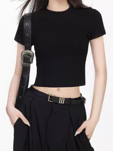 T-shirt noir court pour femme de style vintage, coupe ajustée, manches courtes d'été
