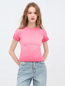 Pink gradient acid wash cotton crop top T-shirt for women in American retro style