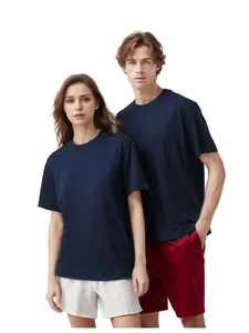 Premium heavyweight navy blue pure cotton crew neck t-shirt with relaxed drop-shoulder fit