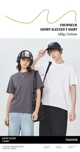 180g heavy cotton crewneck t-shirts shown on male and female models in white and grey