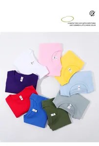 Macro detail of various colorful 180G pure cotton crew neck T-shirts in a circular layout