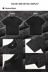 Vue macro détaillée du t-shirt en coton noir délavé montrant la texture du tissu