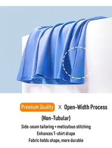 Detailed view of blue cotton T-shirt showing high-quality side seam stitching and drape