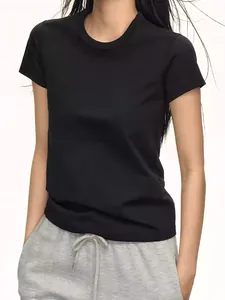 Camiseta de algodón premium de 230g para mujer, corte entallado, cuello redondo, negro