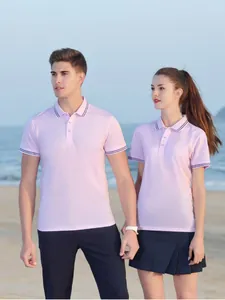 Polos roses à manches courtes en coton mercerisé pour couple avec cols rayés sur plage