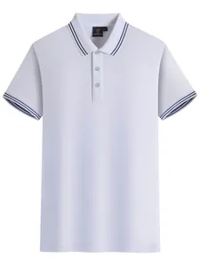 Polo à manches courtes blanc en coton mercerisé avec col et poignets rayés bleu marine