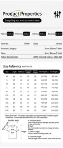 Size guide and measurement details for a 180g pure cotton crew neck short sleeve T-shirt