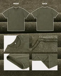 Vues détaillées de la texture, du col et des coutures d'un t-shirt vintage en coton vert armée.