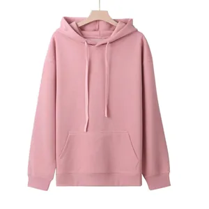 Detailed view of a pink oversized drawstring hoodie with kangaroo pocket on a hanger