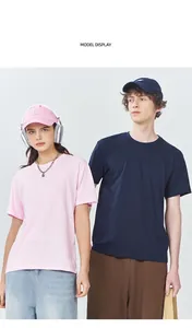 Unisex pink and navy 180G pure cotton crewneck short sleeve T-shirts on models