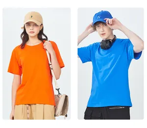 Detailed look at premium 180G cotton crew neck T-shirts in orange and blue on male and female models