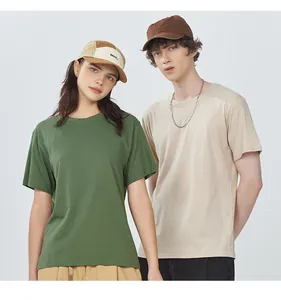 Models wearing 180G cotton crew neck short sleeve T-shirts in green and beige color