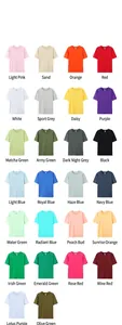 Detailed catalog showing 180G pure cotton round neck T-shirts in twenty-two vibrant colors