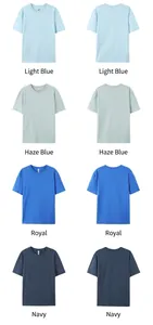 Detailed front and back views of 180G cotton crew neck T-shirts in four blue shades