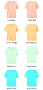 Detailed color options and front/back views of 180g cotton crewneck T-shirts in soft pastels.