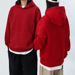 Red oversized drop-shoulder thick fleece hoodie for men and women, casual autumn style.
