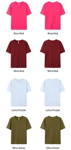 Detail view of multi-color 180G cotton round neck t-shirts showing front and back