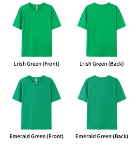 Front and back views of Irish Green and Emerald Green cotton crew neck t-shirts