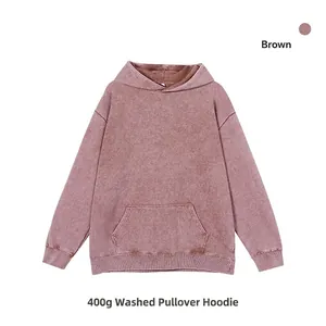 Premium 400g vintage washed brown oversized hooded sweatshirt with front kangaroo pocket