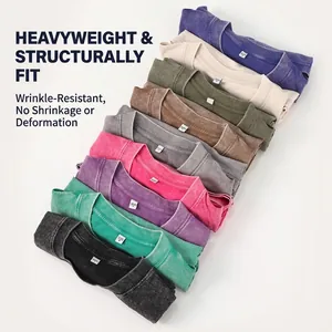 Stack of heavy 230g pure cotton washed distressed T-shirts in multiple retro colors.