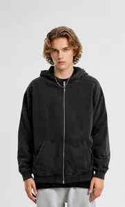 Detailed view of heavy 360G washed gray oversized zip-up hooded sweatshirt on male model