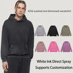 Men American Vintage Washed Heavyweight Pullover Hoodie Distressed Cotton Blend Oversized Sweatshirt With Kangaroo Pocket Top