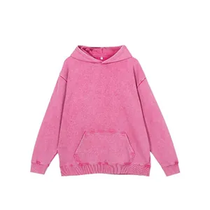 Vintage acid wash pink hoodie with 400G heavyweight terry fabric and kangaroo pocket